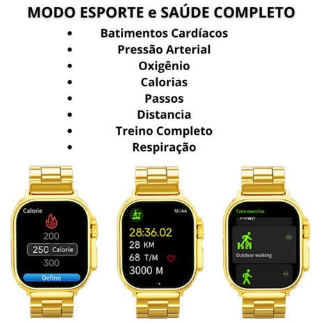 Relógio Smartwatch Ultra Gold 24K Série 9 - 49mm - Banhado a Ouro 18k + Pulseira de Brinde