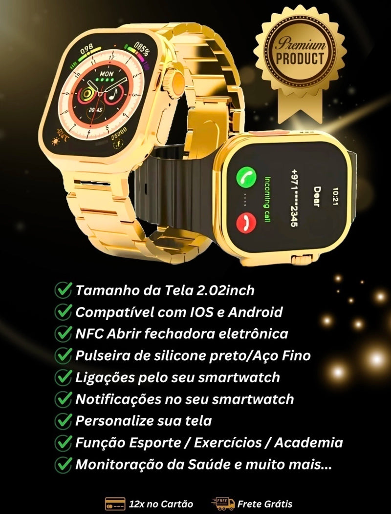 Relógio Smartwatch Ultra Gold 24K Série 9 - 49mm - Banhado a Ouro 18k + Pulseira de Brinde